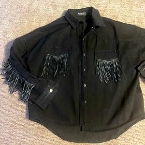 Blue B , size large, black fringe Jean jacket